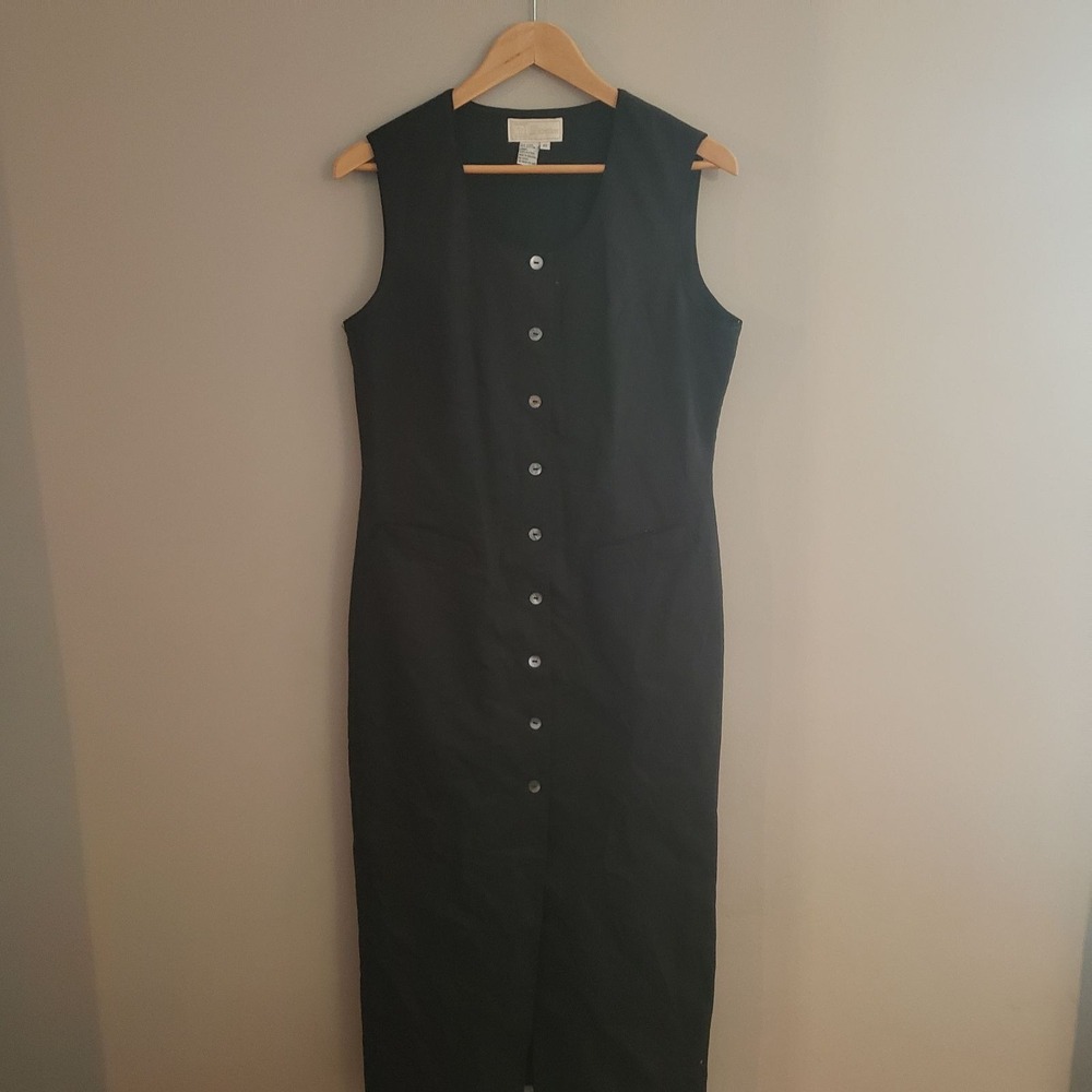 Vintage ID Distinctions Black Linen Cotton Button Front Sleeveless Midi Dress 10